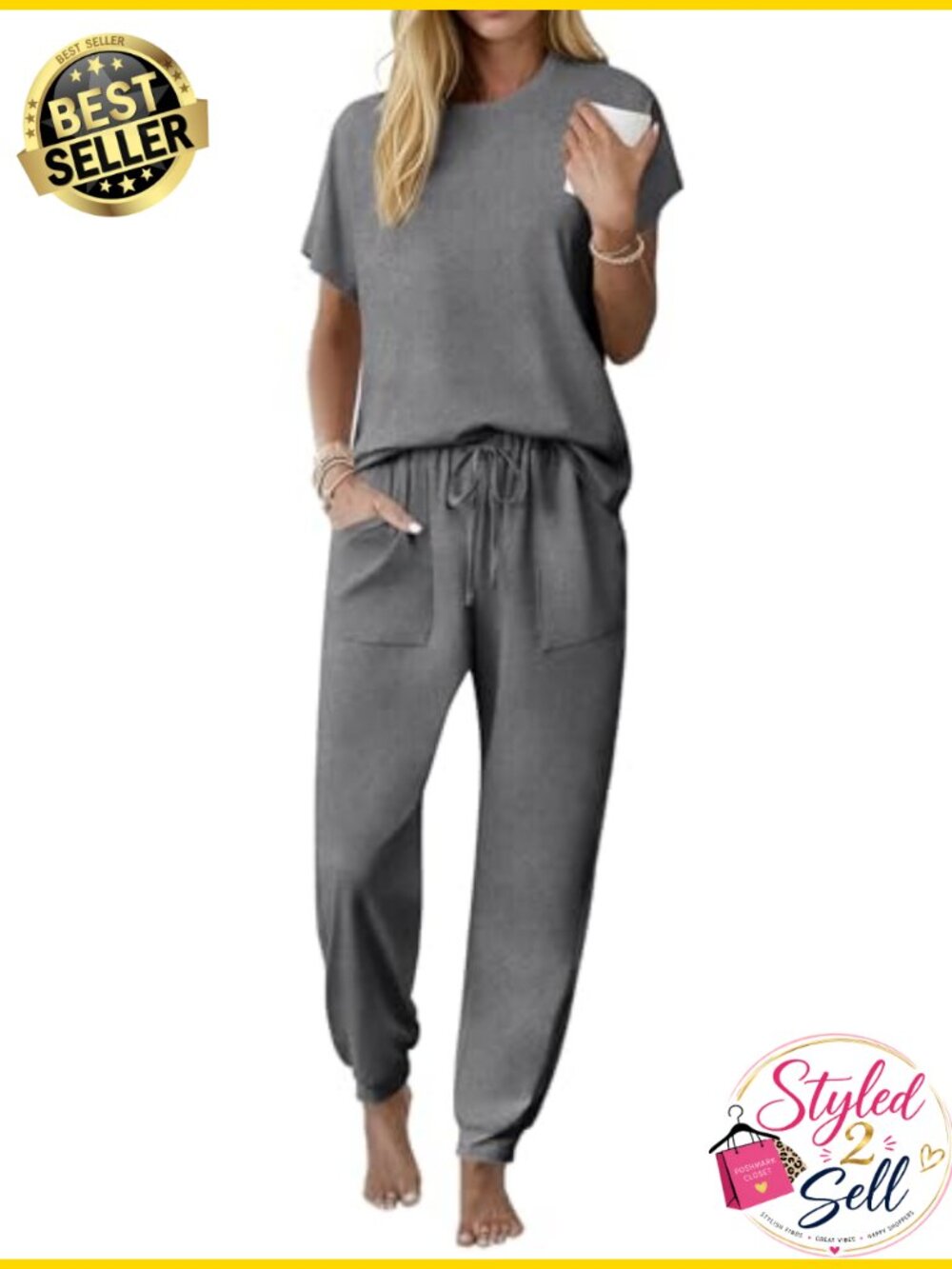 Ekouaer Women's 2-Piece Cotton Pajama Set Short Sleeve Jogger Lounge